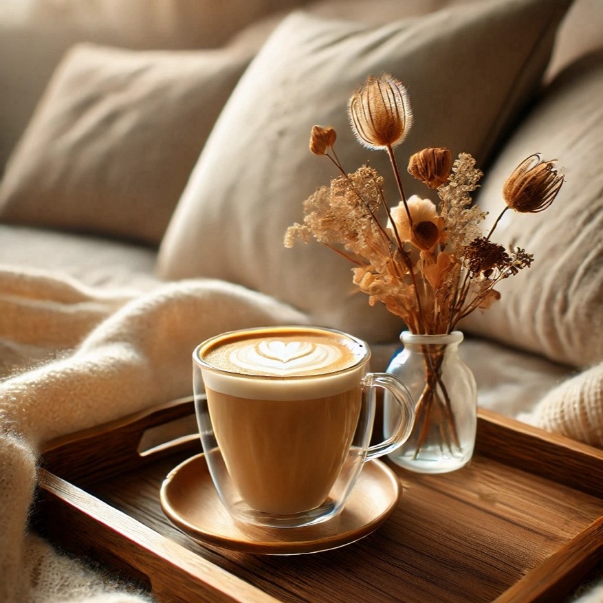 A cozy space with a warm cup of coffee and dried flowers on a wooden tray, creating a relaxing atmosphere. no-save