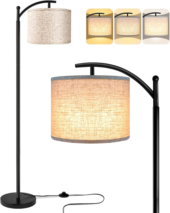 Modern black floor lamp with a curved arm and a beige fabric lampshade, featuring adjustable warm lighting settings for a cozy ambiance. no-save